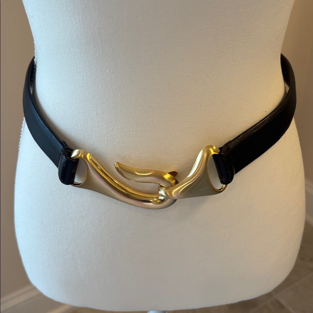 Chico’s Black Leather Belt with Gold Hook Buckle